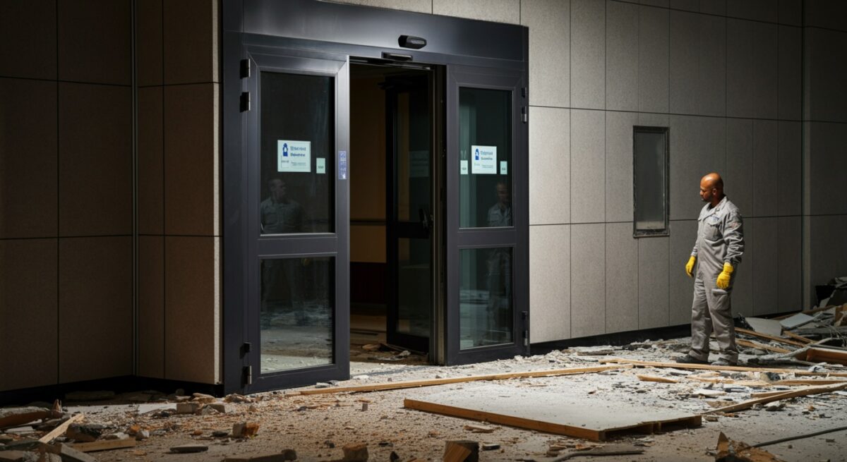 A man kneeling down next to a metal door