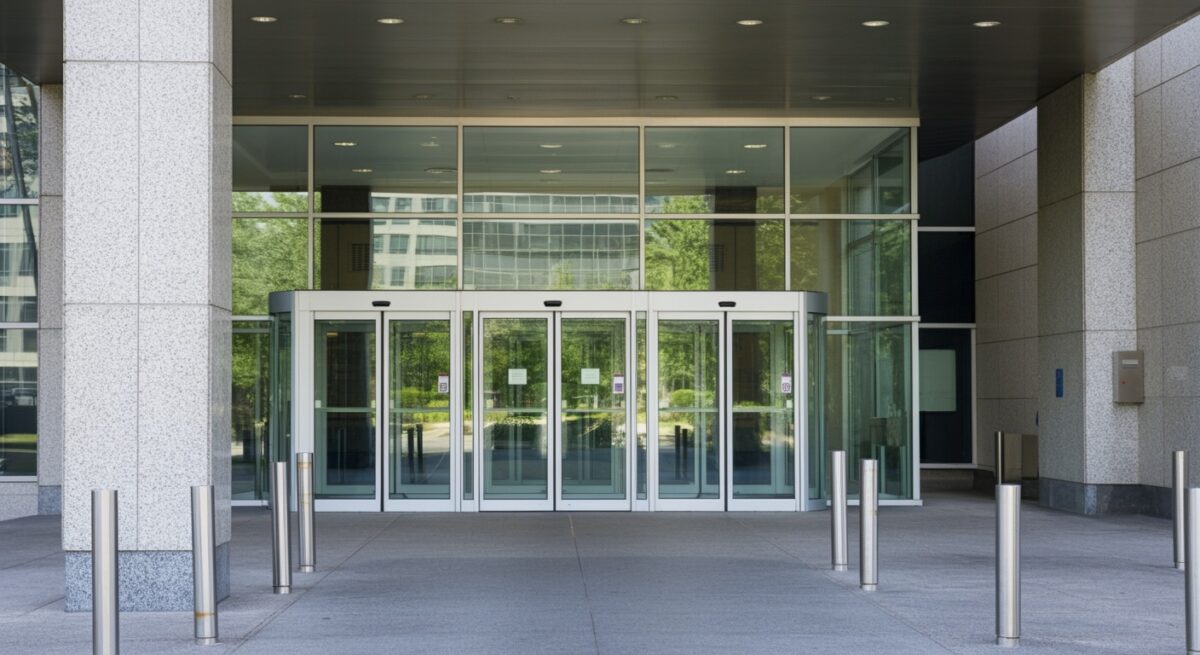 A man kneeling down next to a metal door