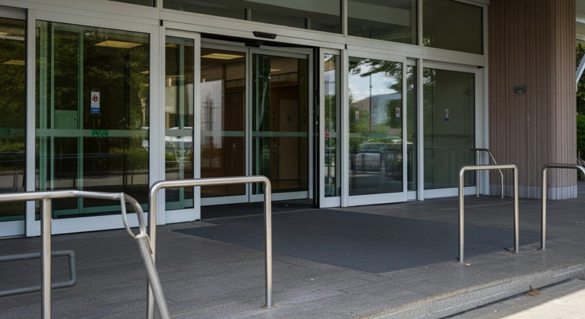 a man is opening a door to a building