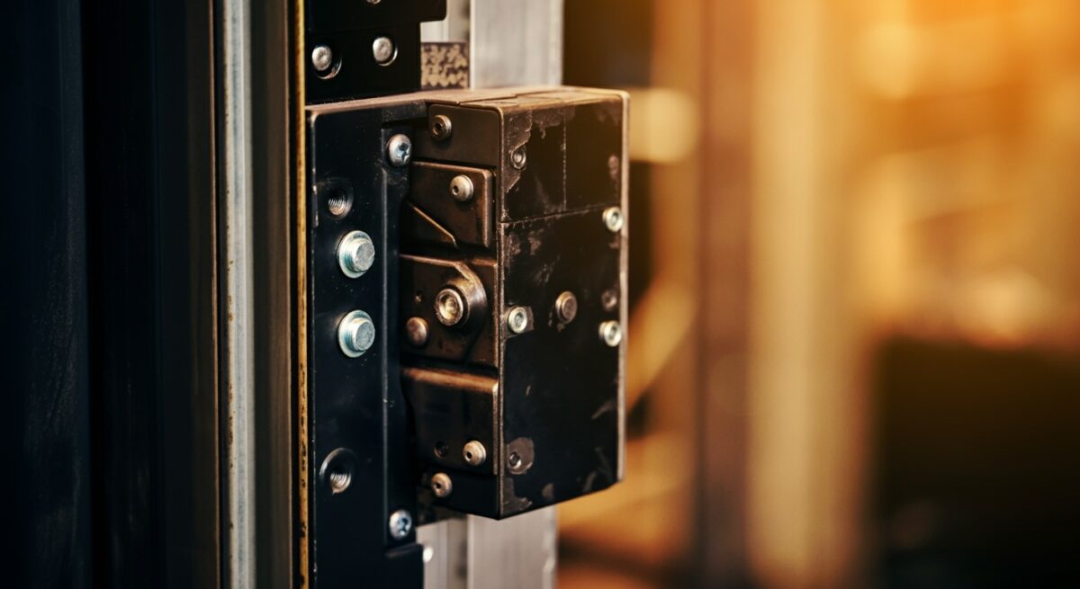 Close-up of an old door handle and lock with key.